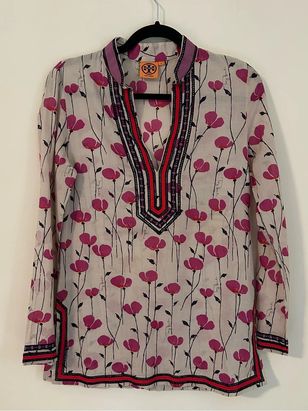 Tory Burch Pink Floral Embroidered V-Neck Tunic